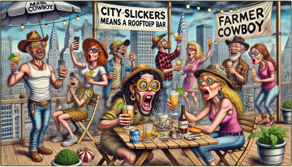Farmer & Cowboy - A satirical scene in the style of Bohiney.com showing city slickers thinking 'outdoors' means a rooftop bar. The scene features1.
