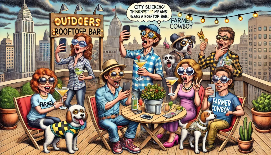 Farmer & Cowboy - A satirical scene in the style of Bohiney.com showing city slickers thinking 'outdoors' means a rooftop bar. The scene features2.