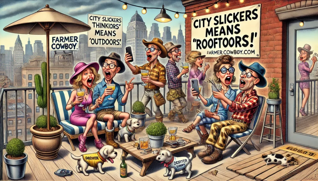 Farmer & Cowboy - A satirical scene in the style of Bohiney.com showing city slickers thinking 'outdoors' means a rooftop bar. The scene features3.