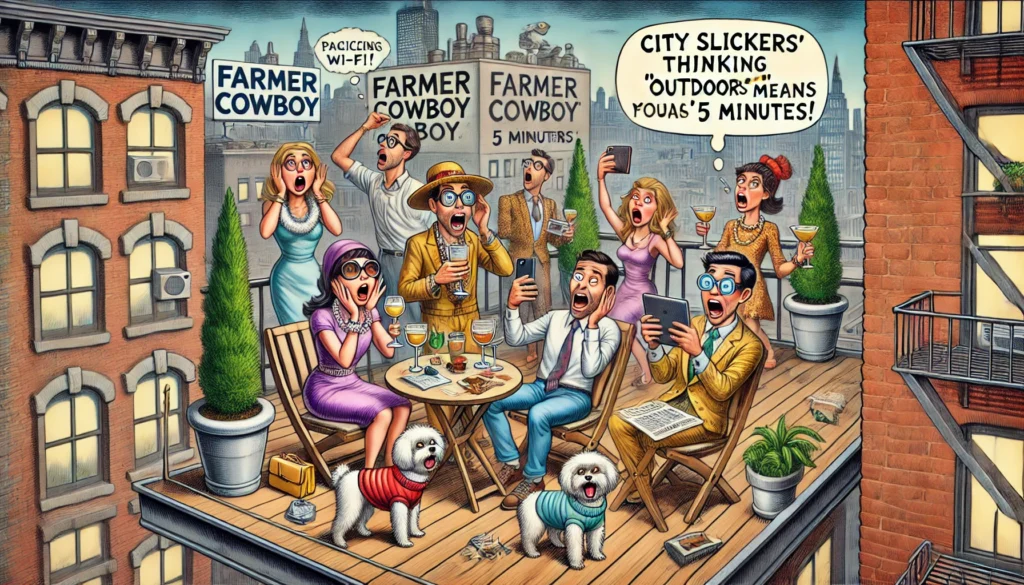 Farmer & Cowboy - A satirical scene in the style of Bohiney.com showing city slickers thinking 'outdoors' means a rooftop bar. The scene features4.