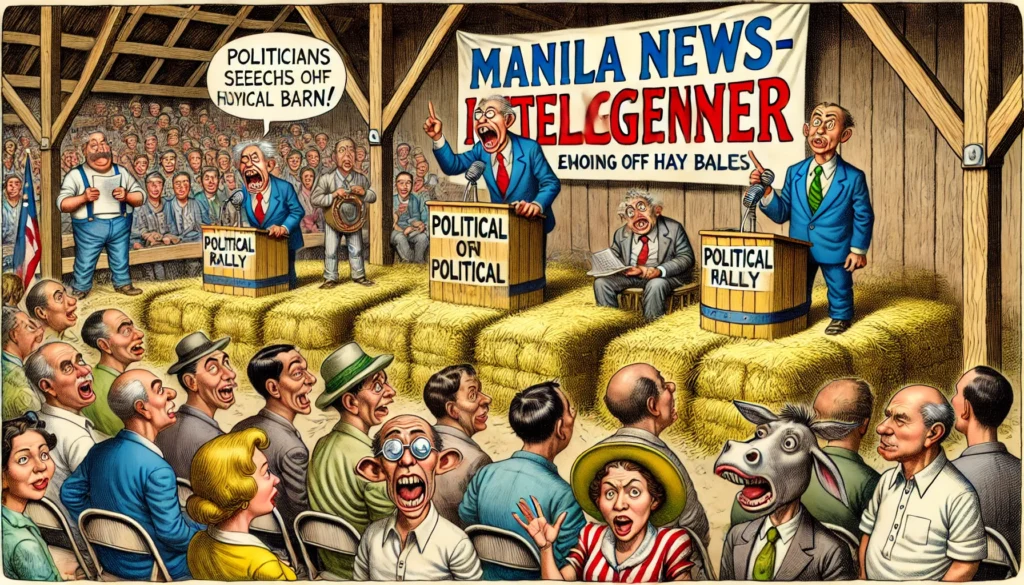 Farmer & Cowboy -- A satirical, vivid, and detailed close-up image in the style of Farmer & Cowboy of a political rally being held in a barn. The scene shows politicians de3