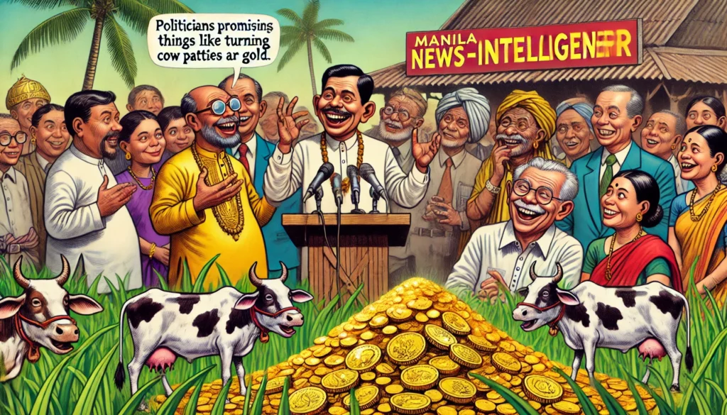 Farmer & Cowboy -- A satirical, vivid, and detailed close-up image in the style of Farmer & Cowboy of politicians promising outrageous things like turning cow patties into 1