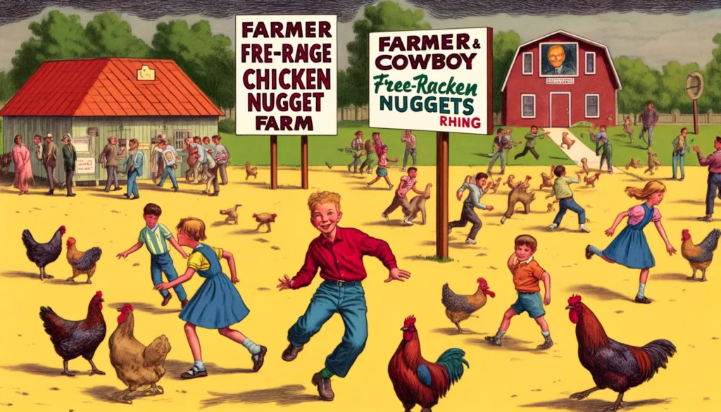 Farmer & Cowboy - A school playground filled with children playing alongside free-range chickens. The chickens are playfully labeled as 'future chicken nuggets.' A sign