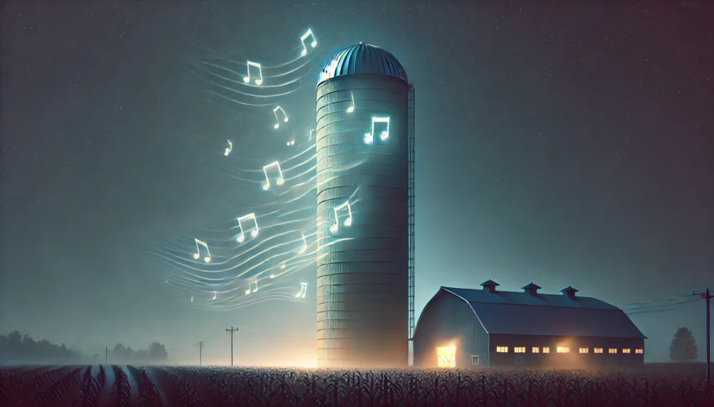 Farmer & Cowboy - A tall silo in a serene farm setting, emitting soft, ghostly melodies on a windy night. The scene shows musical notes floating in the air, and the sil