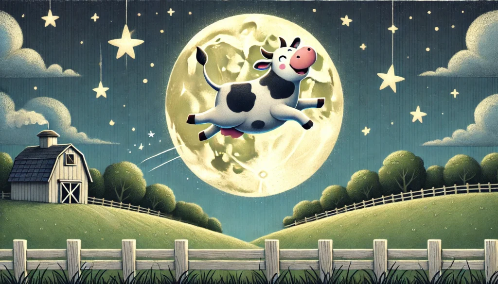 Farmer & Cowboy - A whimsical scene of a cow mid-jump over a full moon in a rural landscape. The cow has a joyful expression, and the stars twinkle brightly in the nigh
