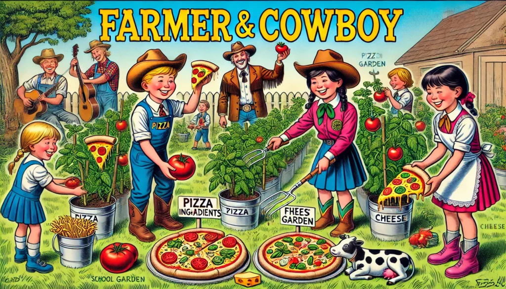 Farmer & Cowboy - A whimsical school garden where pizza ingredients like tomatoes, basil, and cheese plants grow together. Kids in school uniforms happily pick fresh pi