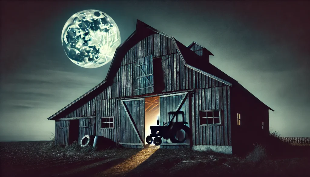 Farmer & Cowboy - An old, rustic barn at night, illuminated by the moon. The barn looks eerie with creaking doors and ghostly shadows. A faint, ghostly tractor silhouet