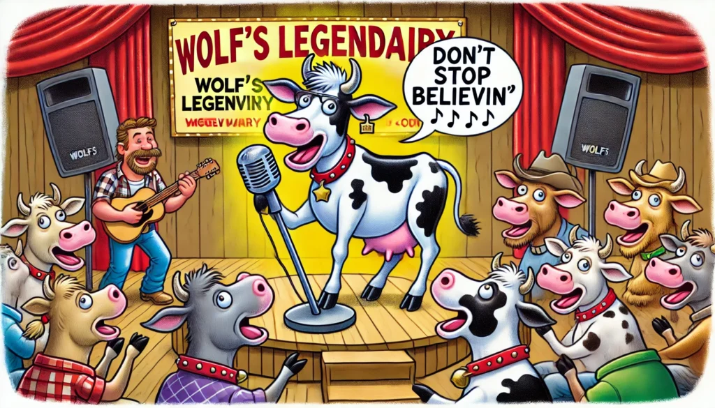 Farmercowboy.com - -A cartoonish scene of Cow Karaoke Night at Wolf’s Legendairy. A cow holding a microphone is belting out 'Don’t Stop Believin’' while other cows in the2