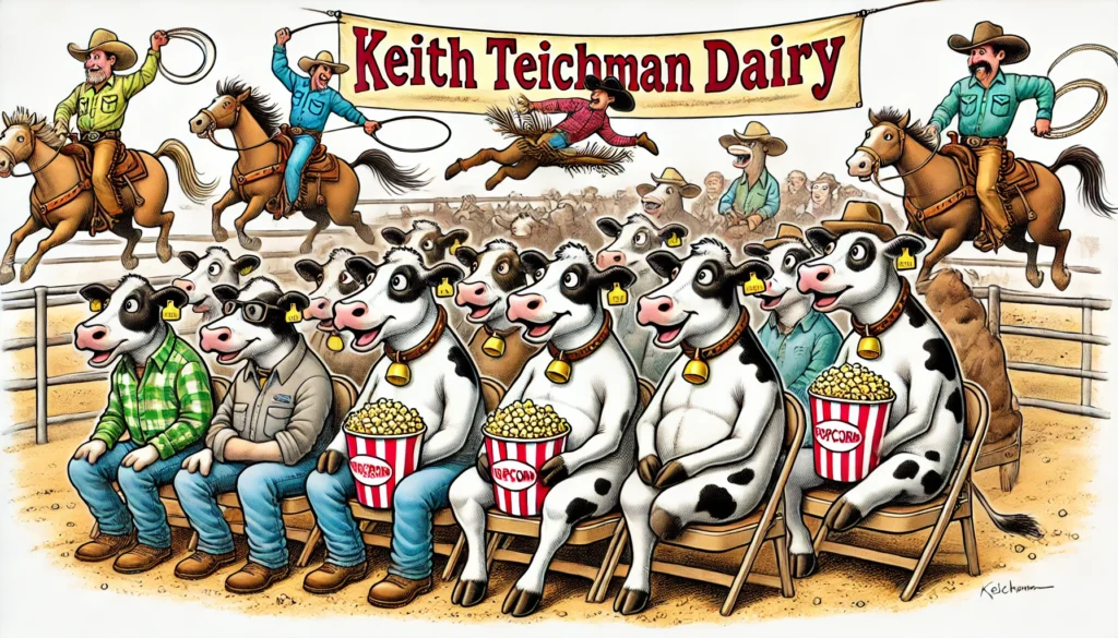 Farmercowboy.com - -A playful illustration of cows at Keith Teichman Dairy watching a rodeo show. The cows are sitting comfortably, some with popcorn buckets, while farme2