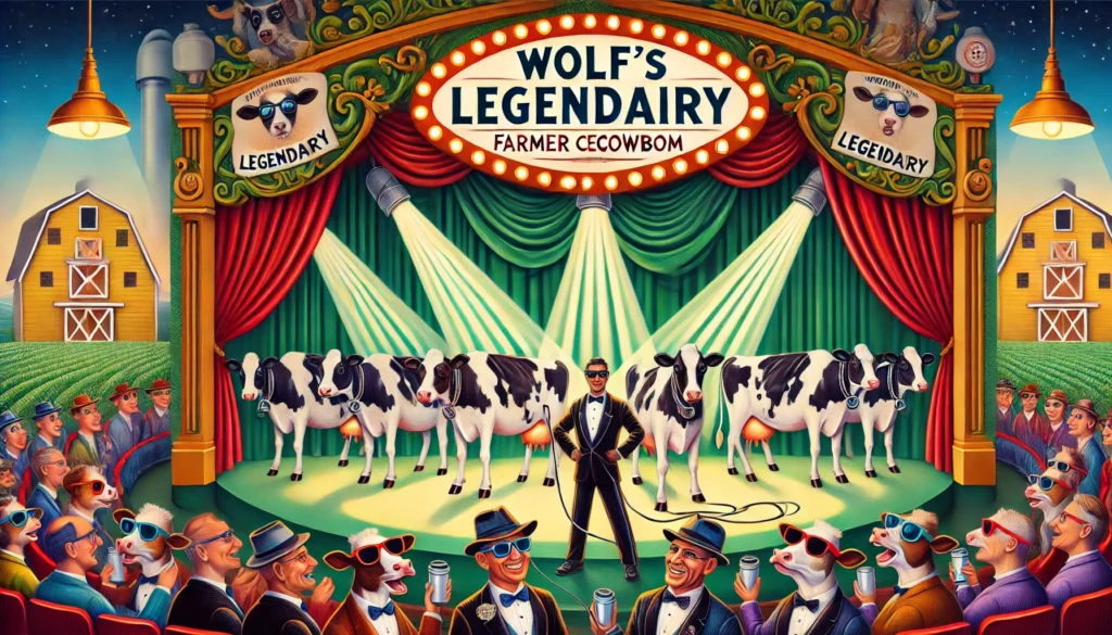 Farmercowboy.com - -A satirical illustration of the milking process at Wolf’s Legendairy, resembling a Broadway show. Cows are on stage with spotlights, wearing sunglasse1