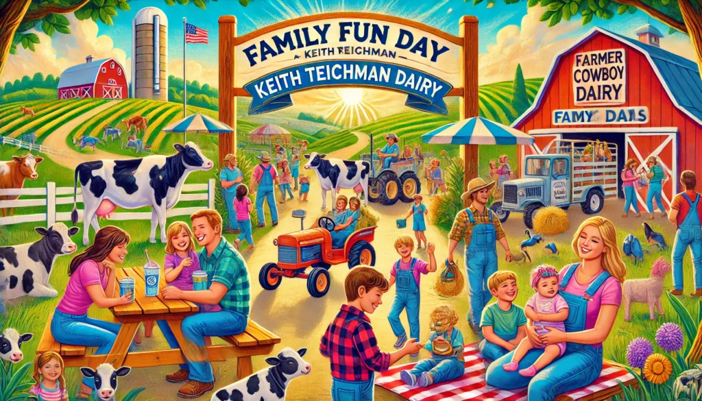 Farmercowboy.com - -A vibrant illustration of a family fun day at Keith Teichman Dairy. Families are enjoying various activities like hayrides, petting zoos, and picnic a3