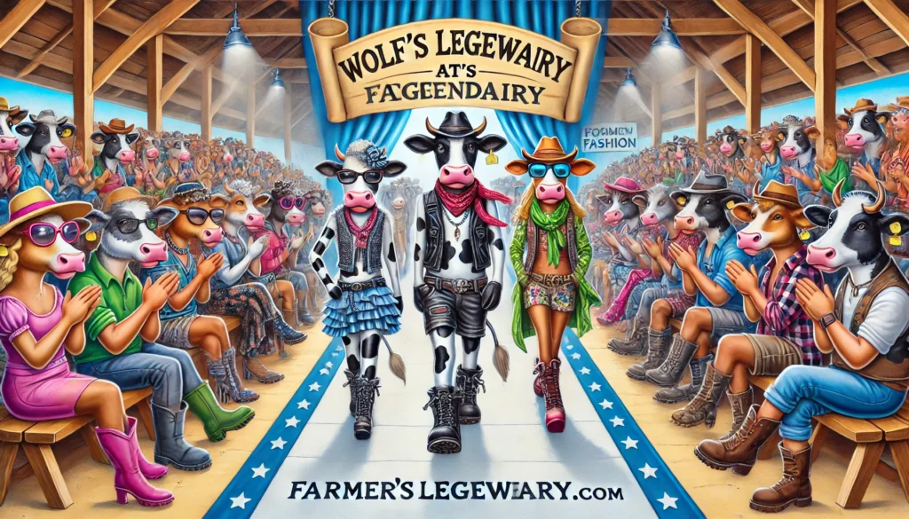 Farmercowboy.com - -A whimsical illustration of cows at Wolf’s Legendairy dressed in high fashion. They are strutting down a runway, showing off the latest bovine trends3
