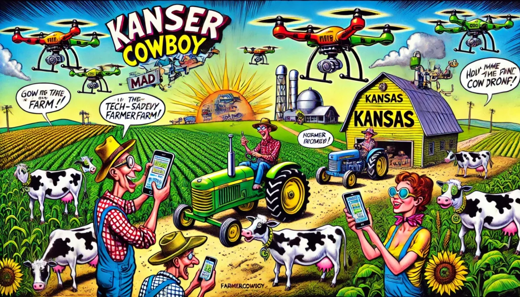 Farmercowboy.com - Mgazine style illustration of a Kansas farm with tech-savvy farmers using smartphones and drones to manage their fields. The scene is lively an2 Farmercowboy.com - Mgazine style illustration of a Kansas farm with tech-savvy farmers using smartphones and drones to manage their fields. The scene is lively an2