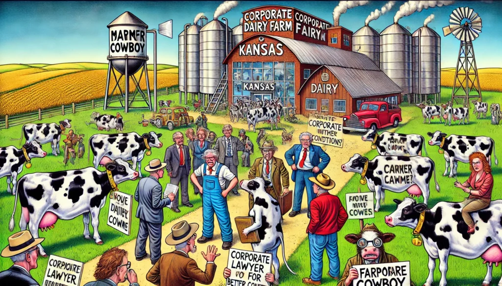 Farmercowboy.com - Mgazine style illustration of a corporate dairy farm in Kansas with cows protesting for better conditions. Farmers are negotiating with cows, a3 Farmercowboy.com - Mgazine style illustration of a corporate dairy farm in Kansas with cows protesting for better conditions. Farmers are negotiating with cows, a3