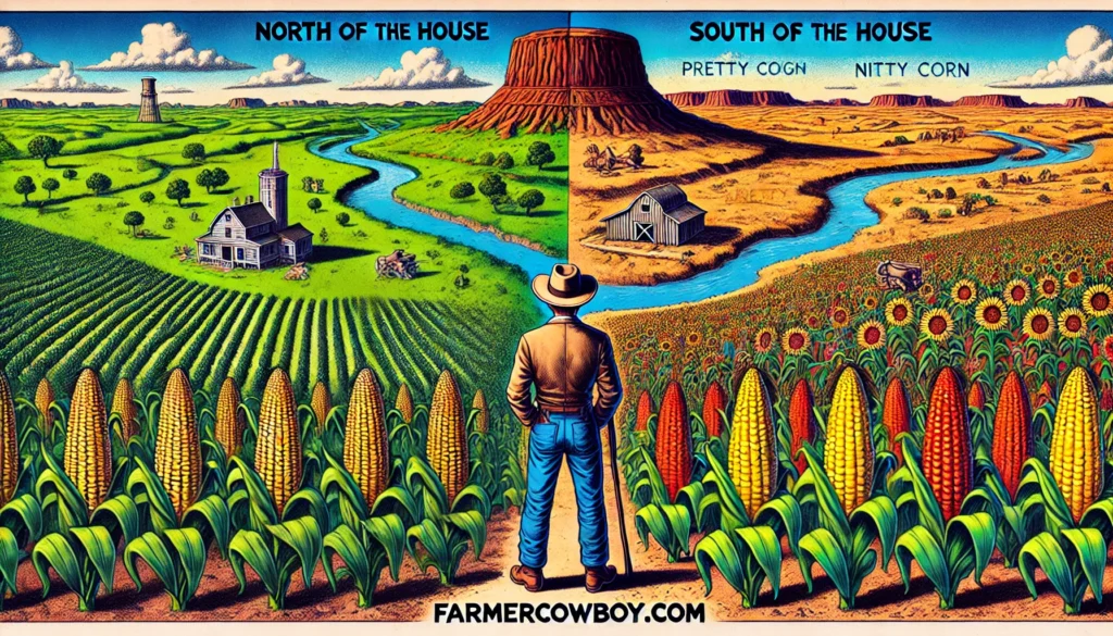 Mexico Bans GMO Corn - A vivid and satirical illustration in the style of FarmerCowboy.com. The scene is divided by the Rio Grande River. North of the rive1.