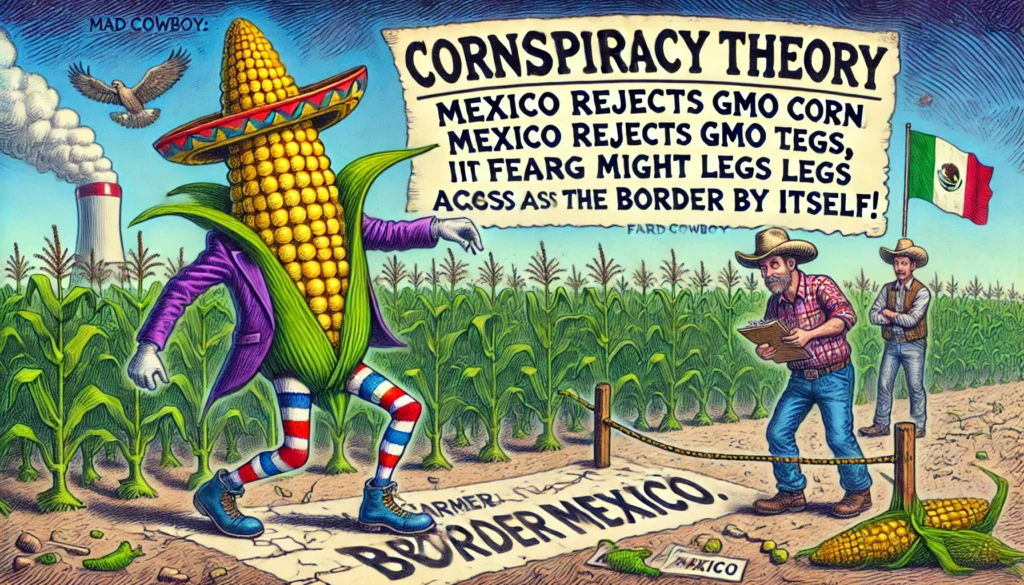 Mexico Bans GMO Corn - d and detailed illustration in the style of Bohiney.com with 'farmercowboy.com' as the branding. The 1.