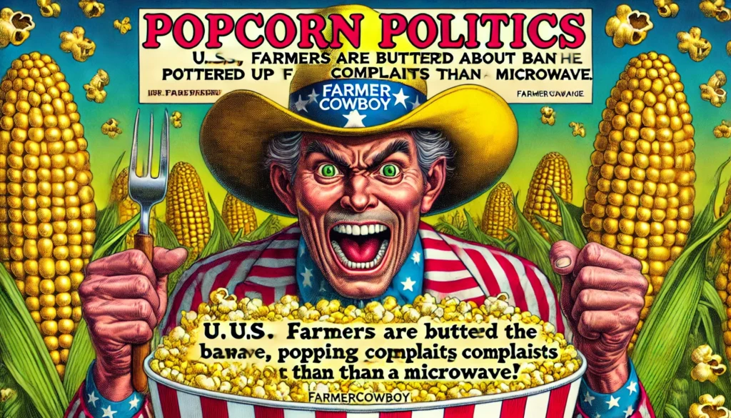 Mexico Bans GMO Corn - d and detailed illustration in the style of Bohiney.com with 'farmercowboy.com' as the branding. The 3.