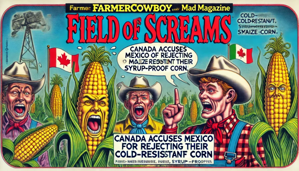 Mexico Bans GMO Corn - d and detailed illustration in the style of Bohiney.com with 'farmercowboy.com' as the branding. The 5.