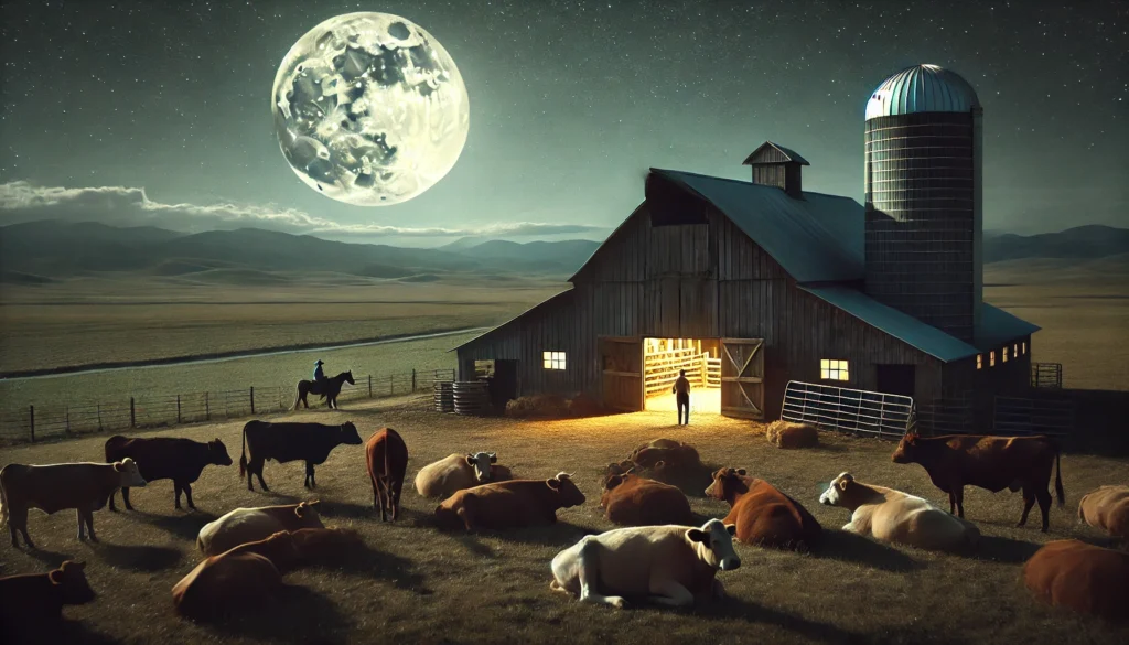 Don't Spook the Cows -- A peaceful farm scene at night, with a herd of cows resting near the barn. The full moon illuminates the quiet ranch, casting soft light over the fiel3. Don't Spook the Cows -- A peaceful farm scene at night, with a herd of cows resting near the barn. The full moon illuminates the quiet ranch, casting soft light over the fiel3.