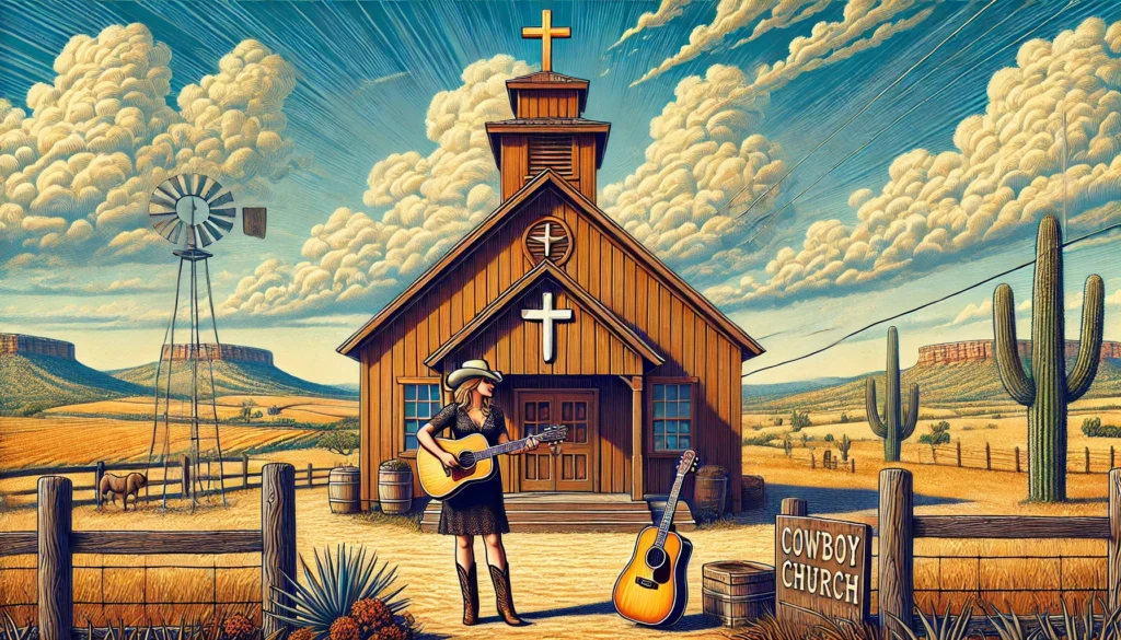 A Mighty Stronghold Is Our God -- A vivid and detailed illustration of the front of a Cowboy Church in Texas, with a female singer standing outside, holding a guitar. The church has a 1.