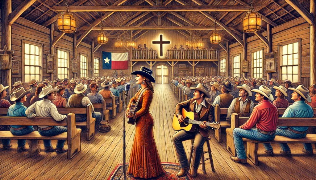 A Mighty Stronghold Is Our God -- A vivid and detailed illustration of the inside of a Cowboy Church in Texas, where a female singer is playing guitar for the congregation. She stands 3.