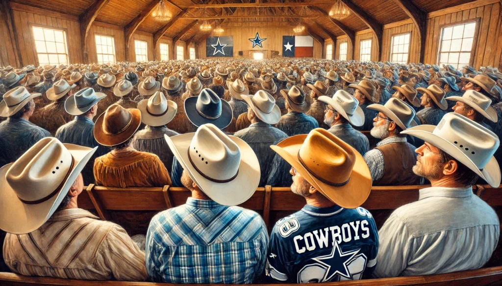 A Mighty Stronghold Is Our God -- A wide-aspect, close-up illustration of the congregation inside a Cowboy Church in Texas. The focus is on the people wearing a mix of cowboy hats and 5.