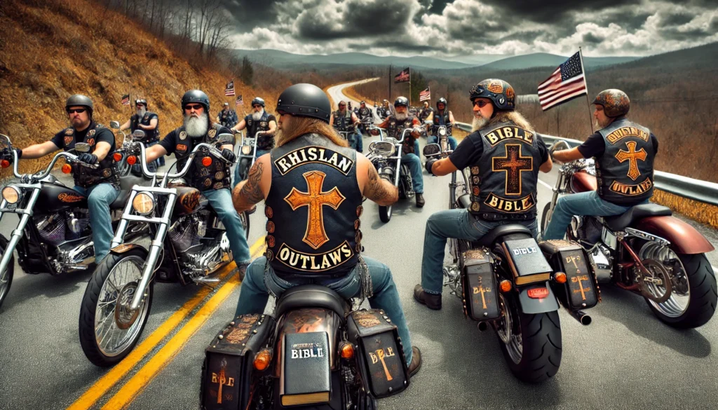 Antioch Outlaws -- A group of Christian bikers called the 'Antioch Outlaws' riding down a winding road in the hills of Tennessee. They wear leather vests with custom-mad1. Antioch Outlaws -- A group of Christian bikers called the 'Antioch Outlaws' riding down a winding road in the hills of Tennessee. They wear leather vests with custom-mad1.
