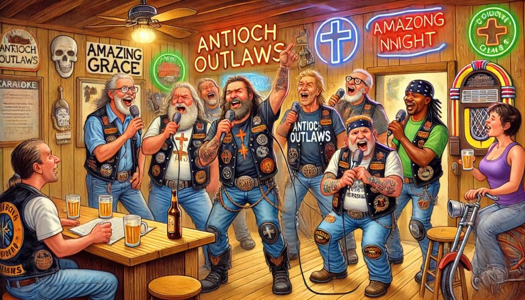 Antioch Outlaws -- A humorous illustration of the 'Antioch Outlaws' taking over a karaoke night at a local bar. The bikers are dressed in their leather gear, decorated w3. Antioch Outlaws -- A humorous illustration of the 'Antioch Outlaws' taking over a karaoke night at a local bar. The bikers are dressed in their leather gear, decorated w3.