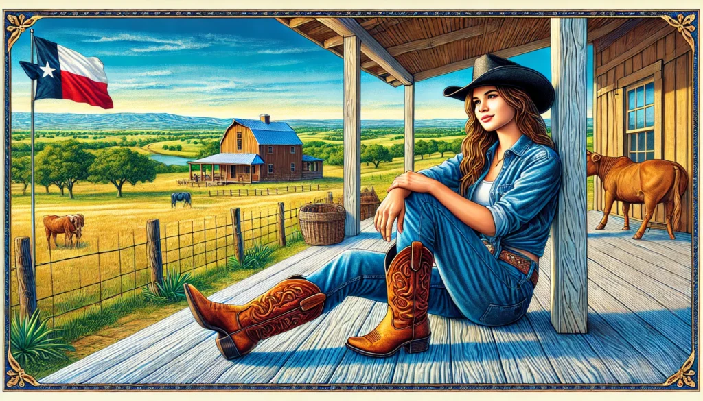 Boots on the Ground -- A vivid and detailed illustration of a cowgirl at home in Texas. She is sitting on a porch with a wide Texas landscape in the background, wearing her 1. Boots on the Ground -- A vivid and detailed illustration of a cowgirl at home in Texas. She is sitting on a porch with a wide Texas landscape in the background, wearing her 1.
