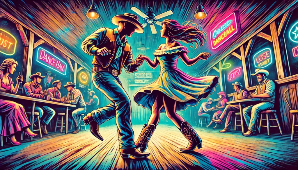 Cherokee Fiddle (She Comes Around) -- A lively illustration of a couple fast two-stepping in a dancehall at night. The couple is in sync, their cowboy boots gliding across the wooden floor2.