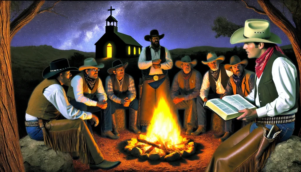 Cowboy Church at Antioch TN - An intense illustration of the Cowboy Church at Antioch gathered around a campfire in the Wild West. The cowboys are dressed in rugged Western gear—wi
