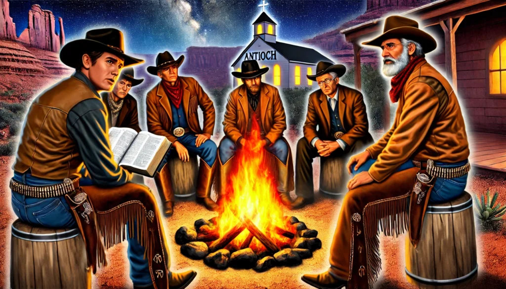 Cowboy Church at Antioch TN - An intense illustration of the Cowboy Church at Antioch gathered around a campfire in the Wild West. The cowboys are dressed in rugged Western gear—wi