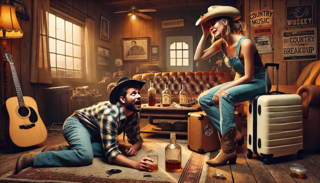 Do-Me-the-Favor-of-Not-Leaving-Me-Until-Im-Sober -- A humorous and heartfelt scene inspired by a country song. A man in a cowboy hat, clearly a bit tipsy, is kneeling on the floor of a cozy living room,2.