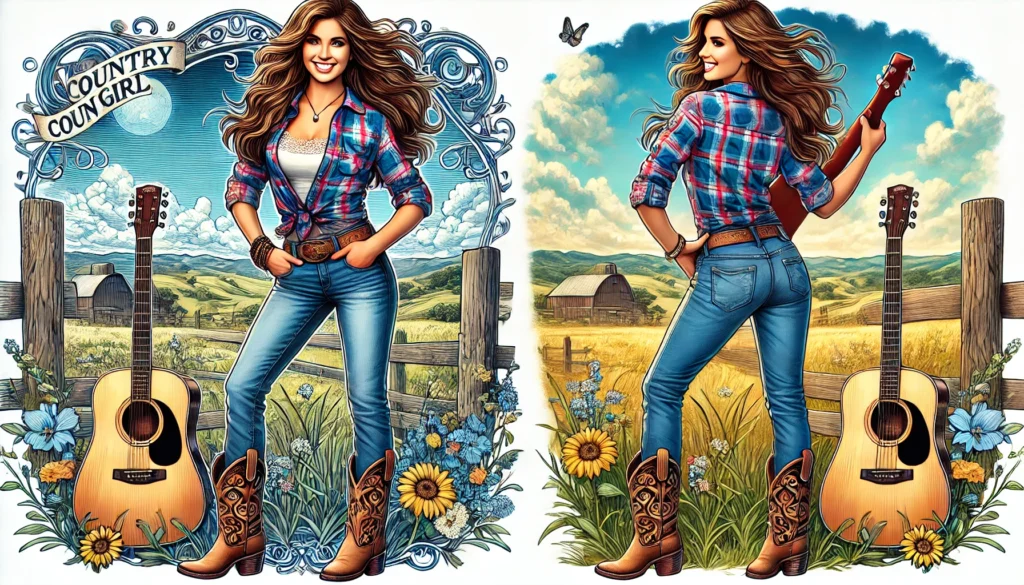 Farm.FM -- A detailed and vivid illustration of the perfect country girl. She stands confidently in a wide open field under a bright blue sky, wearing a classic 1.