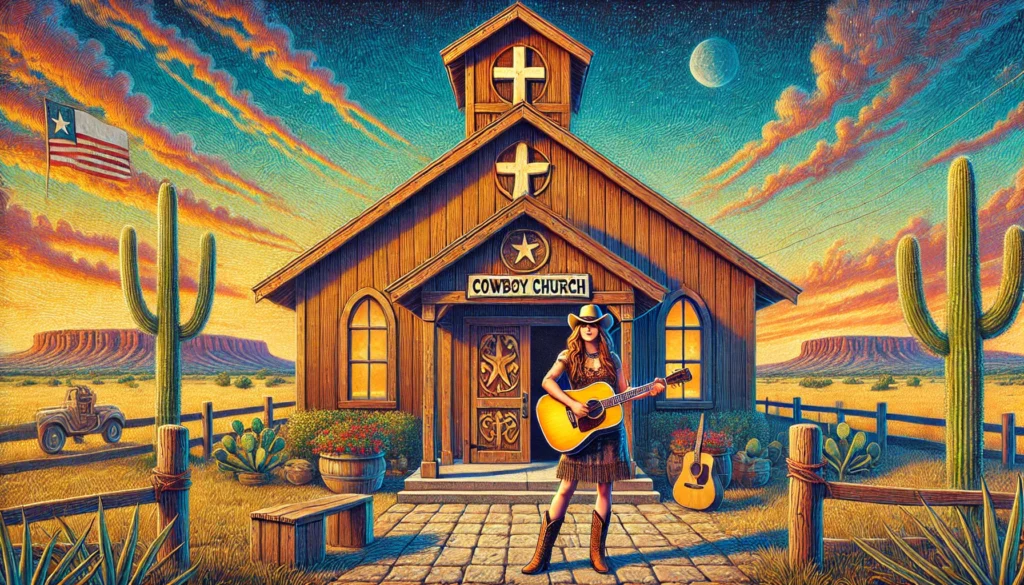 Farm.FM -- A vivid and detailed illustration of the front of a Cowboy Church in Texas, with a female singer standing outside, holding a guitar. The church has a 2.