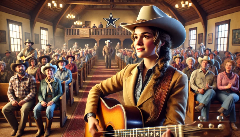 Farm.FM -- A wide-aspect, close-up illustration of a female singer inside a Cowboy Church in Texas. She stands at the front, playing a guitar and singing passion6.