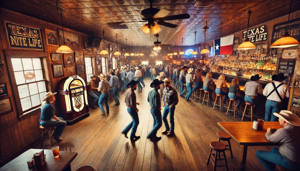 Farm.FM -- The interior of Texas Nite Life, a lively cowboy dancehall in Wichita Falls, TX. The wooden dance floor is wide, filled with cowboys and cowgirls two-2.