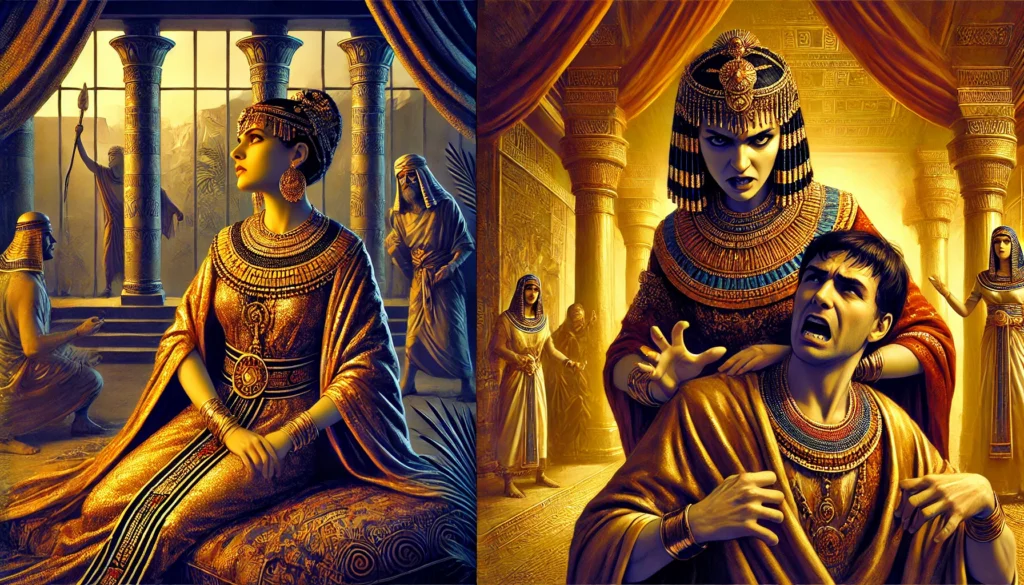 Garth Potiphar’s Wife -- A dramatic scene from the story of Potiphar’s wife and Joseph (Genesis 39). Image 1 Potiphar’s wife, dressed in luxurious ancient Egyptian attire, is1.