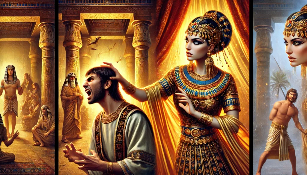 Garth Potiphar’s Wife -- A dramatic scene from the story of Potiphar’s wife and Joseph (Genesis 39). Image 1 Potiphar’s wife, dressed in luxurious ancient Egyptian attire, is2.