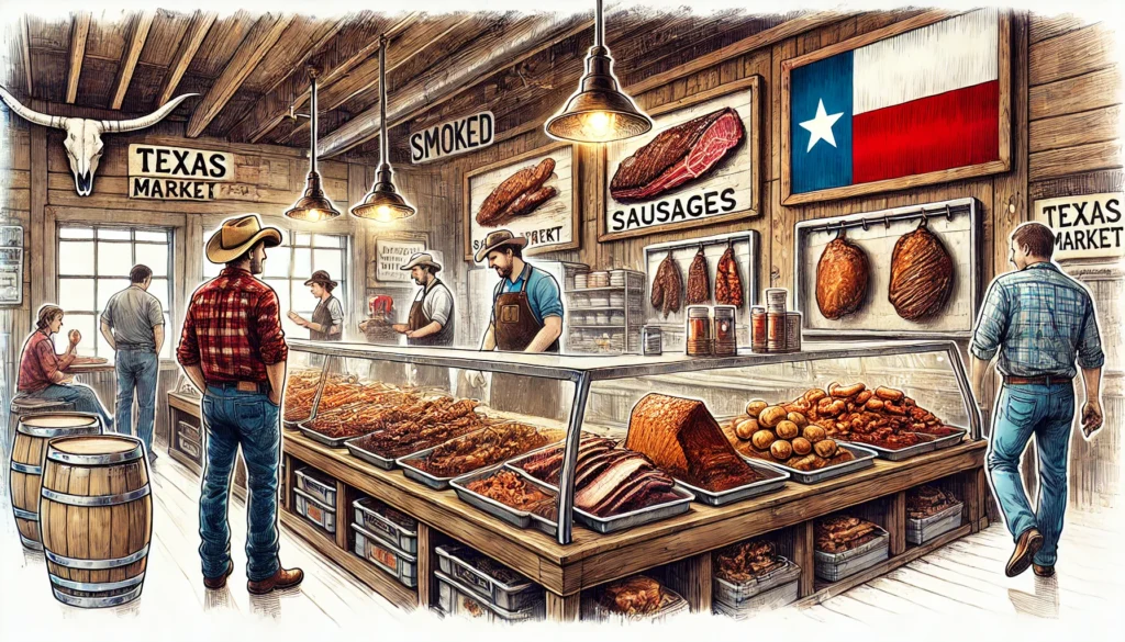 Giddings Meat Market -- DALL·E 2024-10-23 03.07.40 - An illustration of the interior of a Texas meat market, focusing on a rustic BBQ counter. Show smoked brisket, sausages, ribs, and sides displayed on 2.