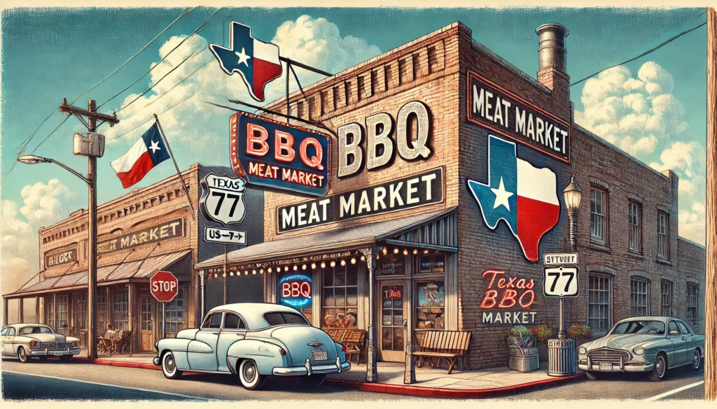 Giddings Meat Market -- DALL·E 2024-10-23 03.07.54 - An illustration of the exterior of a Texas BBQ restaurant in a small town. The building is made of rustic bricks with a large sign reading 'BBQ' and '3.