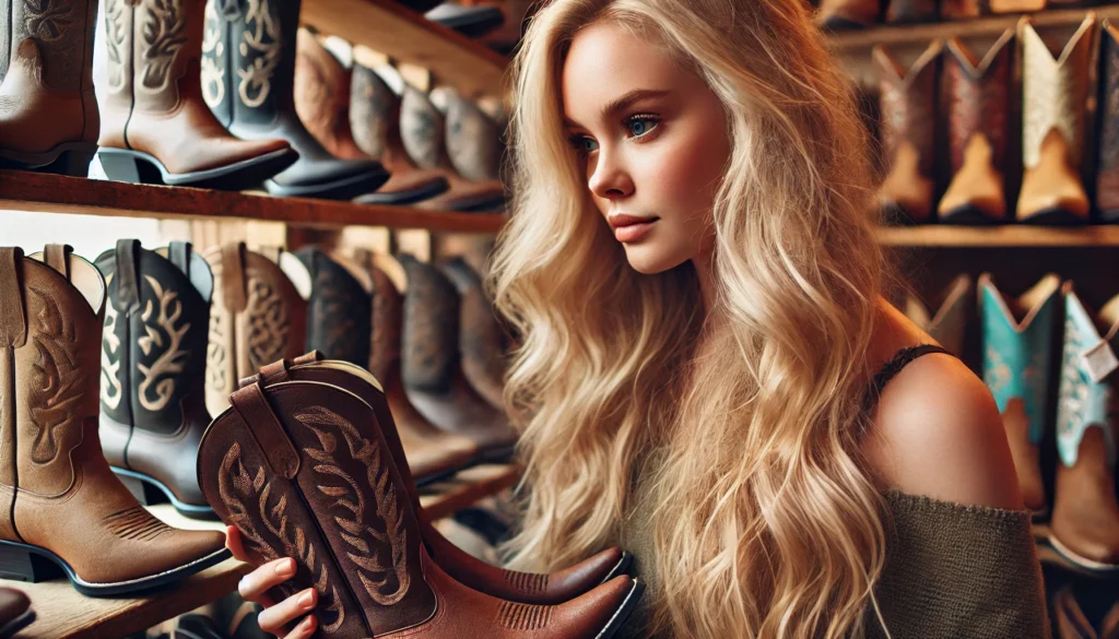 I Need A Pair of Boots -- A close-up image of a blonde, Norwegian-looking woman in a cowboy boot store, examining a pair of cowboy boots. The scene focuses on her face and the 1.