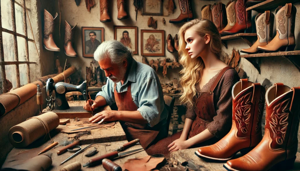 I Need A Pair of Boots -- A scene inside a workshop where a blonde, Norwegian-looking woman watches a skilled Mexican boot maker crafting a custom pair of cowboy boots for her5.