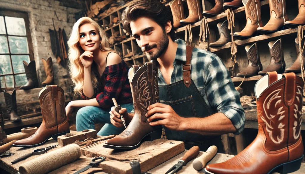 I Need A Pair of Boots -- A scene where a blonde, Norwegian-looking woman watches a handsome, young Mexican boot maker crafting a custom pair of cowboy boots for her. The boot 6.