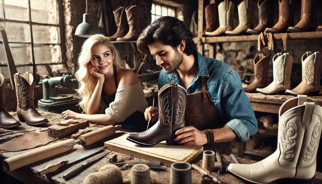 I Need A Pair of Boots -- A scene where a blonde, Norwegian-looking woman watches a handsome, young Mexican boot maker crafting a custom pair of cowboy boots for her. The boot 7.