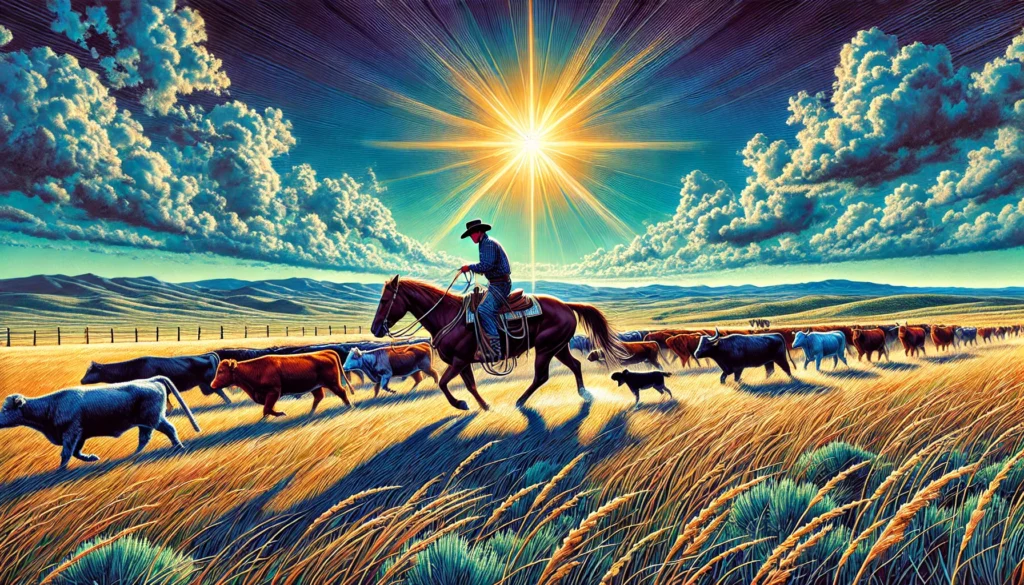 Keeper of the Land (Genesis 1 - 26-28) -- A vivid and detailed illustration of a cowboy herding cattle across a wide-open, sun-drenched prairie. The cowboy is riding a horse, guiding the cattl3.