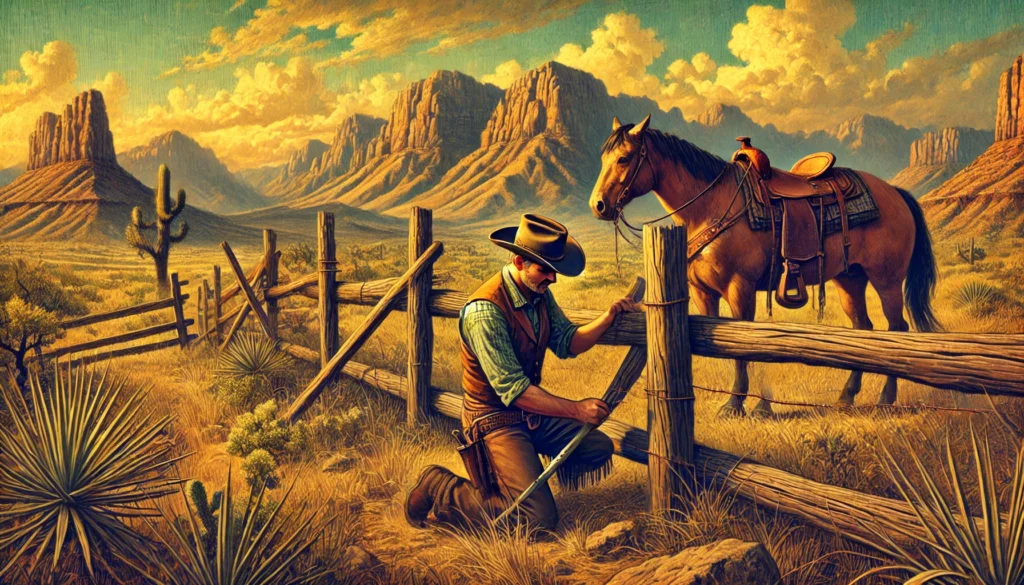 Keeper of the Land (Genesis 1 - 26-28) -- A vivid and detailed illustration of a cowboy mending a wooden fence with mountains in the background. The scene is set during the late afternoon, wit7.