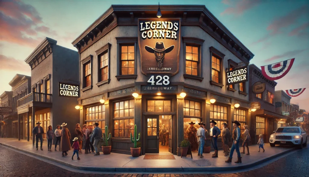 Legends Corner Night -- An evening exterior scene of a classic saloon named Legends Corner located at 428 Broadway. The building has a vintage western facade with wooden beam2.