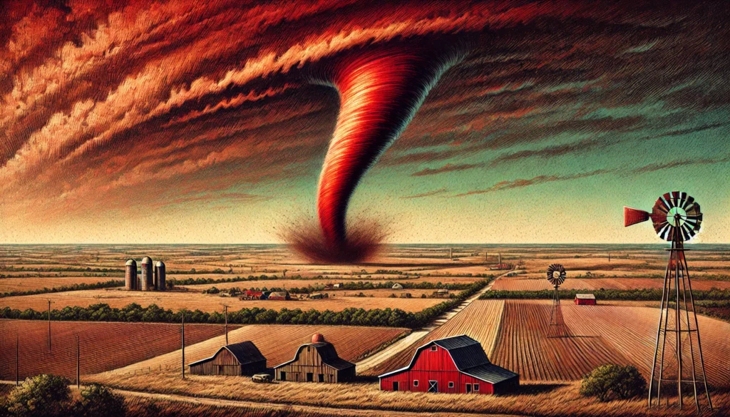 Lights Out in Tornado Alley -- A detailed and vivid illustration of a small, reddish tornado swirling across a rural landscape in North Texas. The funnel cloud is narrow but powerfu3.