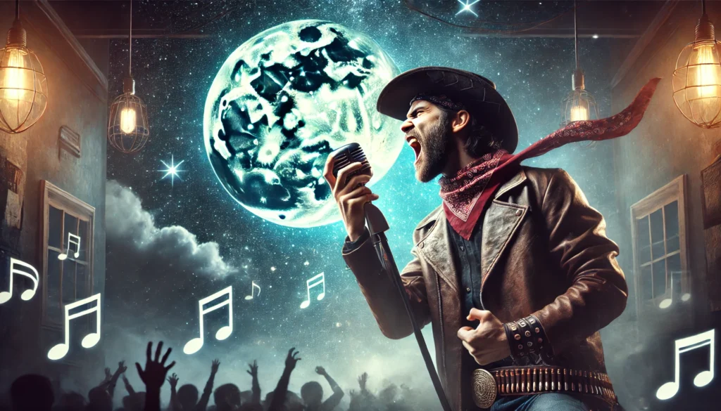 Never Tell An Outlaw Not to Sing about Jesus -- A dramatic and intense scene featuring an outlaw cowboy passionately singing into a microphone, surrounded by a backdrop of a starry night sky and a f3. Never Tell An Outlaw Not to Sing about Jesus -- A dramatic and intense scene featuring an outlaw cowboy passionately singing into a microphone, surrounded by a backdrop of a starry night sky and a f3.